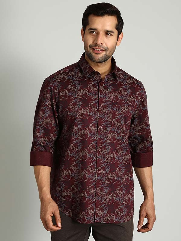 Indian Terrain Men's Regular Fit Full Sleeve Tropical Print Maroon Shirt